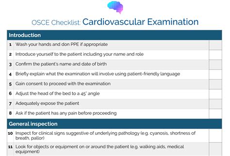 <b>osce</b> <b>checklist</b>: cardiovascular history taking opening the consultation 1 wash your hands and don ppe if appropriate 2 introduce yourself to the patient including your name and role 3 confirm the patient's name and date of birth 4 explain that you'd like to take a history from the patient 5 gain consent to proceed with taking a history presenting. . Geeky medics osce checklist pdf free download